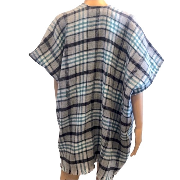 Loft Gray Green Plaid Blanket Kimono Wrap Jacket Top Oversized Womens XS Small - Picture 7 of 9